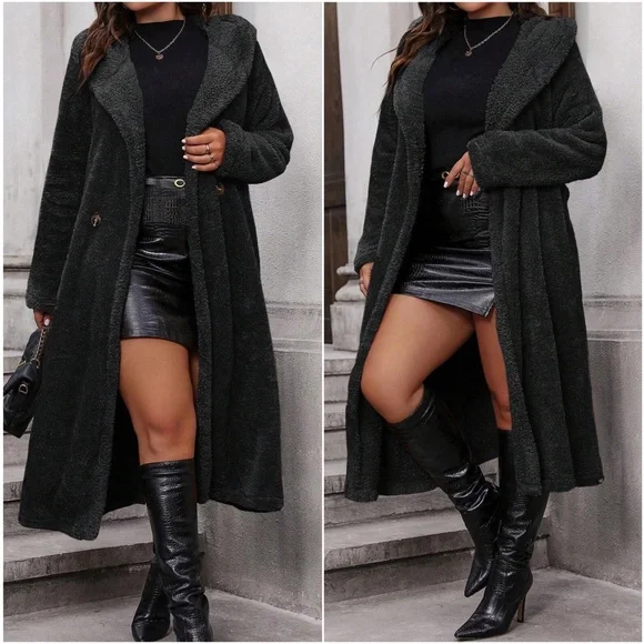 Plus Sherpa Teddy Button Hoodie Long Jacket Coat - Picture 4 of 5